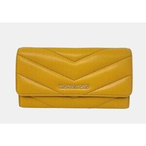 New Michael Kors Jet Set Travel Large Trifold Wallet Leather Quilted Golden Rod